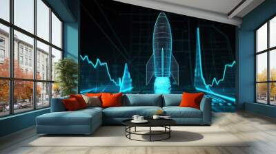 Neon cyan graph and rocket against a black backdrop, showcasing futuristic business success. Wall mural