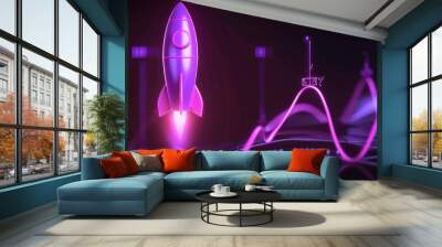 Neon purple graph and rocket against a black backdrop, depicting vibrant business expansion. Wall mural