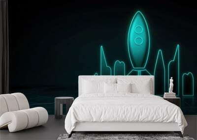 Neon teal graph and rocket glowing on a dark background, symbolizing successful business expansion. Wall mural