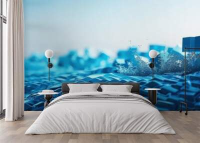 Ocean blue blocks rise in a wave-like pattern, representing dynamic stock growth on a marine backdrop. Wall mural