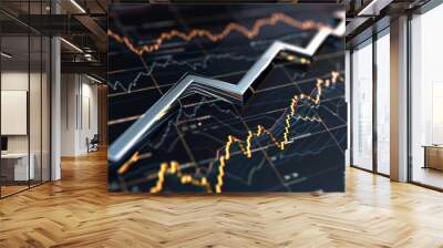 Platinum sharp upward arrow against a black stock graph, ultra clear, Wall mural