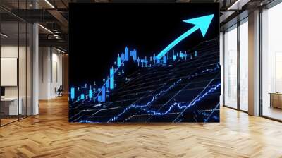 Royal blue digital arrow and stocks chart on a black backdrop, cinematic, ultra sharp, Wall mural