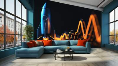 Sapphire blue rocket rising past a glowing amber graph line on a black backdrop, showing business success. Wall mural