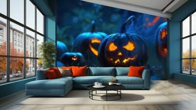 Sinister pumpkins with evil expressions, illuminated by a ghostly cyan light in the Halloween darkness. Wall mural