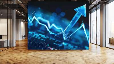 Sky blue sharp arrow moving up a financial graph, dark background, high detail, Wall mural