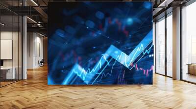 Sky blue sharp arrow moving up a financial graph, dark background, high detail, Wall mural