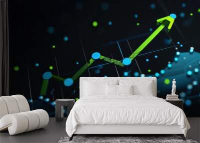 Stock market growth concept, G remodeling graph arrow up, blue dots, dark background, and lime green accents. Wall mural