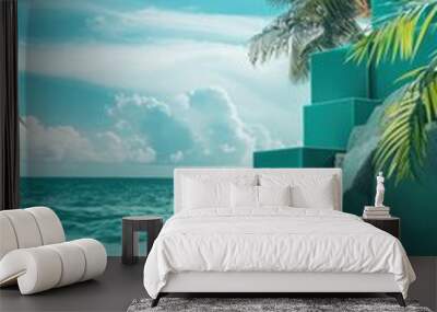 Teal blocks show an optimistic economic forecast, rising against a tropical ocean scene. Wall mural