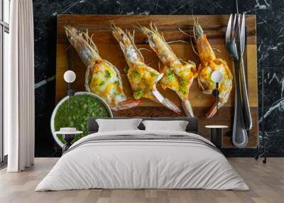 grilled shrimp breast on wooden plate Wall mural