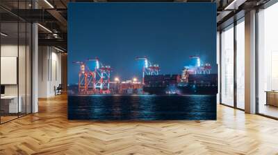 Night landscape view of cranes and containers at ship yard by the bay area Wall mural