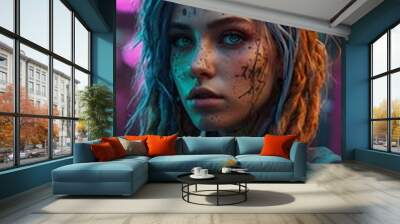 Cyberpunk Woman with Blue and Orange Hair in Neon City Wall mural