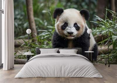 Two years aged young giant Pandas in Chengdu, Sichuan, China exhibit lush, fluffy black and white fur, innocent wide eyes, and playful demeanor. Wall mural