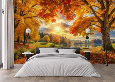 Autumn leaves fall from a tree, creating a serene scene over a tranquil lake Wall mural