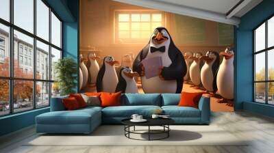 Penguin dressed as professor delivering lecture to students in class room - kids story world Wall mural