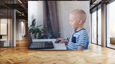 Young programmer writing code on a computer at home. Programming lessons, scratch for kids. Wall mural