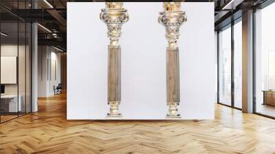 shabbat candles. silver candlesticks with olive oil. light background Wall mural