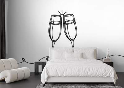 continuous one line drawing of two glasses of champagne. minimalist linear concept of celebrate and  Wall mural