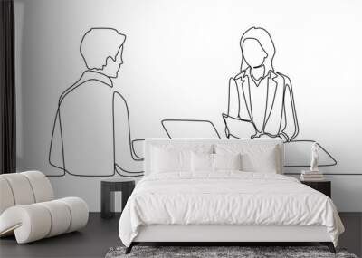 Job interview - vector modern simple one line design composition with recruiter and candidate. Continuous Line Drawing of man and woman are talking at the table Wall mural