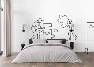 One continuous line drawing of two young businessmen push puzzle pieces to unite them as sign to start business collaboration. Modern unity teamwork concept single line draw design vector illustration Wall mural