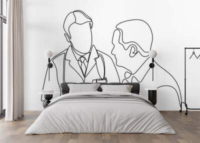 One continuous line drawing of young male doctor giving consultation session to female patient while reading medical record. Hospital health care concept single line draw design vector illustration Wall mural