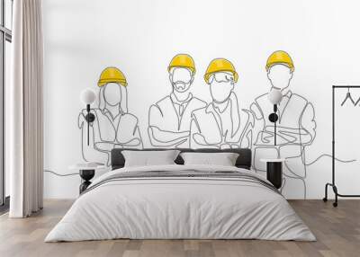 	
One line drawing of  male and female building builder groups wearing helmet. Great team work concept. Trendy continuous line draw design graphic vector illustration Wall mural