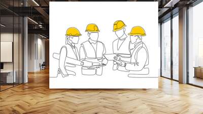 One line drawing of male and female building builder groups wearing helmet. Great team work concept. Trendy continuous line draw design graphic vector illustration Wall mural