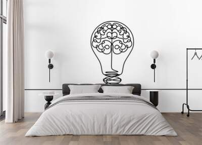 Single continuous line drawing of light bulb with human brain. Creative brain Idea concept with light bulb and brain Wall mural