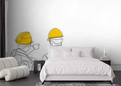 Single continuous line drawing of young construction manager giving instruction to builder coordinator at site meeting. Building architecture business concept. One line draw design vector  Wall mural