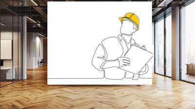 Single continuous line drawing of young construction manager giving instruction to builder coordinator at site meeting. Building architecture business concept. One line draw design vector Wall mural