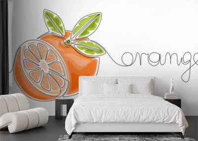 	
Single line orange fruit whole and a slice in continuous line art drawing style. Black line sketch on white background with colors. Vector illustration Wall mural