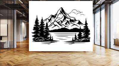 mountain icons set, hills, forest, wood, trees, rivers, lakes, nature landscape icons, travel mountain lake forest silhouette,  Wall mural