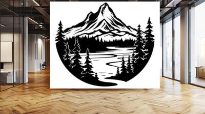 mountain icons set, hills, forest, wood, trees, rivers, lakes, nature landscape icons, travel mountain lake forest silhouette,  Wall mural