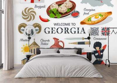 Georgian traditional symbols and sights set collection with food architecture government symbols ornament and traditional culture vector illustration Wall mural