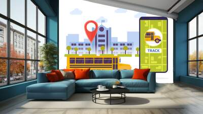 Modern Urban City Student Schoolbus Mobile Tracking System Illustration Wall mural