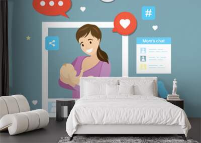 Active Parenting Communities, concept banner. Happy mother interacts and chatting online while tending to her baby, highlighting the blend of digital engagement and parenting. Wall mural