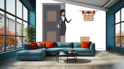 Cartoon african american woman near door and drone delivery with box. Pile of parcel boxes. Wall mural