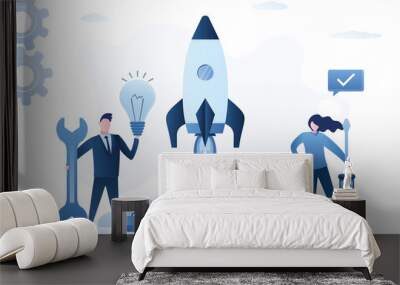 Co-founders launch startup. Businesspeople holds wrench and screwdriver. Rise of new business project. Rocket takes off in sky. Development and management of successful startup. Wall mural