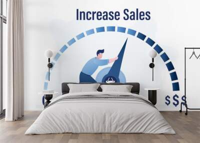 Increasing sales. Sale volume increase make business grow, finance concept. Boost your income. Hand is pulling to maximum position progress bar with shopping basket. Wall mural