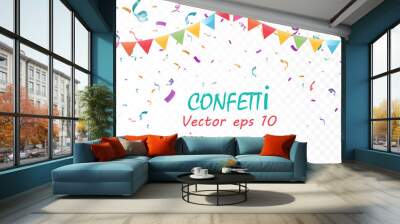 Lots of colorful tiny confetti and ribbons on transparent background. Festive event and party. Multicolor background.Colorful bright confetti isolated on transparent background Wall mural