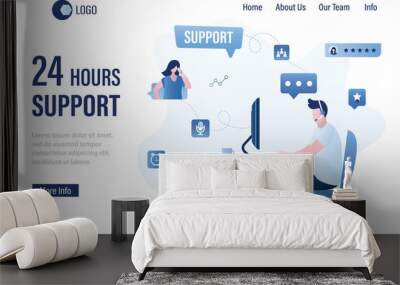 Male assistant with headset at workplace. 24 Hours support landing page template. Online feedback concept Wall mural