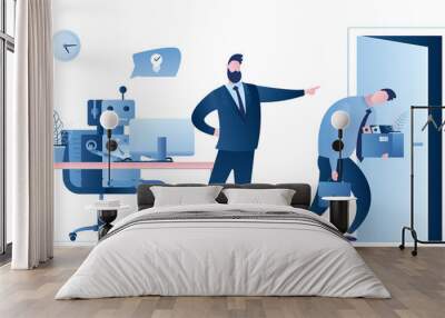 New robot on workplace and businessman dismissed man worker. Boss fire male employee. Wall mural