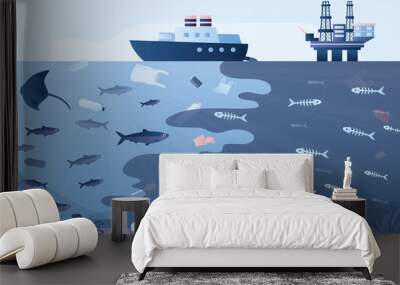 Ocean pollution card template. Offshore Oil Rigs, dirty ship and underwater wildlife. Wall mural