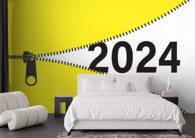 Opening zipper and happy new 2024 year coming soon. Cartoon yellow and black banner, template with place for text. New year idea concept. Clothing zipper and xmas signs. Wall mural