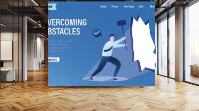 Overcoming obstacles, landing page template. Businessman using big hammer punched hole in wall. Goal achievement, business strategy. Leadership, successful overcoming of problems. V Wall mural