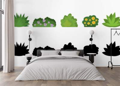 Set of cartoon bushes in flat style. Collection green plants and black silhouettes, isolated on white background. Wall mural