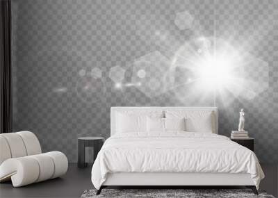 Special lens flash, light effect. The flash flashes rays and searchlight. illust.White glowing light. Beautiful star Light from the rays. The sun is backlit. Bright beautiful star. Sunlight. Glare. Wall mural