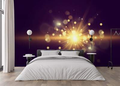 Special lens flash, light effect. The flash flashes rays and searchlight. illust.White glowing light. Beautiful star Light from the rays. The sun is backlit. Bright beautiful star. Sunlight. Glare. Wall mural