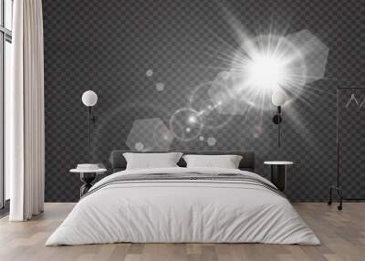 Special lens flash, light effect. The flash flashes rays and searchlight. illust.White glowing light. Beautiful star Light from the rays. The sun is backlit. Bright beautiful star. Sunlight. Glare.	 Wall mural