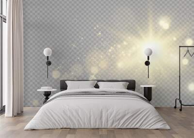 Special lens flash, light effect. The flash flashes rays and searchlight. illust.White glowing light. Beautiful star Light from the rays. The sun is backlit. Bright beautiful star. Sunlight. Glare.	 Wall mural