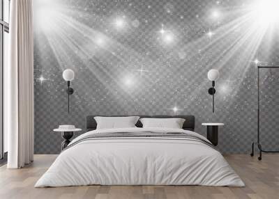 Special lens flash, light effect. The flash flashes rays and searchlight. illust.White glowing light. Beautiful star Light from the rays. The sun is backlit. Bright beautiful star. Sunlight. Glare. Wall mural